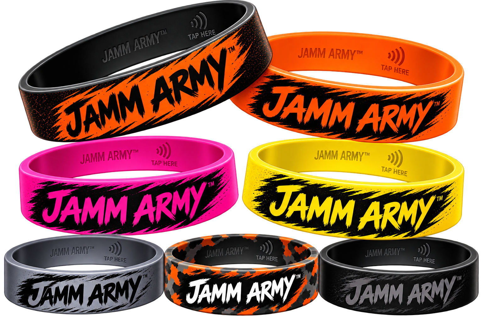 Jamm Army™ silicone NFC wristbands shown in seven colorways, each with the JAMM ARMY wordmark and a TAP HERE NFC marker